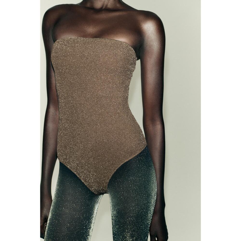 NWT ZARA Metallic Thread Bandeau Bodysuit Size Medium Gold - Picture 2 of 8